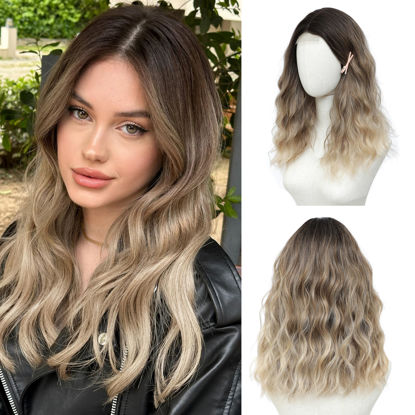 Picture of BUPPLER Ombre Blonde Wig 18 Inch Medium Length Wigs for Women Middle Part Synthetic Hair Wavy Wig with Upgraded Strands,Natural Hair Wig for Daily Party/Halloween Use 18Inch,Ombre Blonde