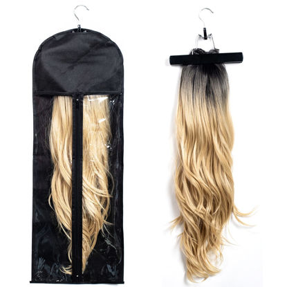 Picture of 1 Pack Extra Long Hair Extension Holder Wig Storage Bag with Hanger Hairpieces Ponytail Bundles Storage Carrier Case for Store Style Hair Travel Hair Extensions Bag Black Color