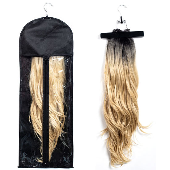 Picture of 1 Pack Extra Long Hair Extension Holder Wig Storage Bag with Hanger Hairpieces Ponytail Bundles Storage Carrier Case for Store Style Hair Travel Hair Extensions Bag Black Color