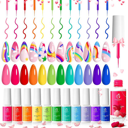 Picture of Beetles Gel Polish Rainbow Nail Art Gel Liner Gel Nail Polish Set, 12 Colors Rainbow Neon Gel Polish Set Swirl Nails Built Thin Nail Art Brush in Bottle Soak Off Uv Nail Gel Kit Valentines Day Gifts