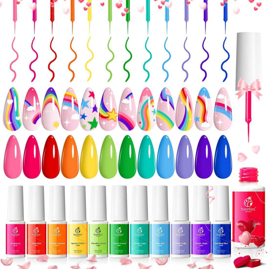 Picture of Beetles Gel Polish Rainbow Nail Art Gel Liner Gel Nail Polish Set, 12 Colors Rainbow Neon Gel Polish Set Swirl Nails Built Thin Nail Art Brush in Bottle Soak Off Uv Nail Gel Kit Valentines Day Gifts