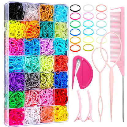 Picture of 28 Colored Rubber Bands for Hair, 1500 Pcs Small Girls Hair Ties Elastic Hair Ties Hair Rubber Bands with 6 Hair Styling Tools Colorful Hair Accessories for Girls Baby Toddlers Kids