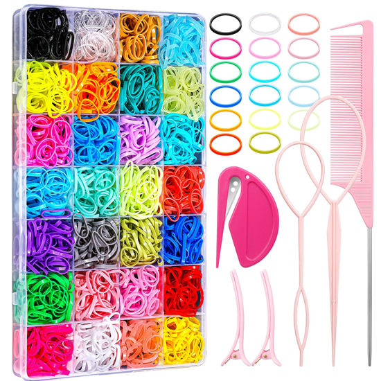 Picture of 28 Colored Rubber Bands for Hair, 1500 Pcs Small Girls Hair Ties Elastic Hair Ties Hair Rubber Bands with 6 Hair Styling Tools Colorful Hair Accessories for Girls Baby Toddlers Kids