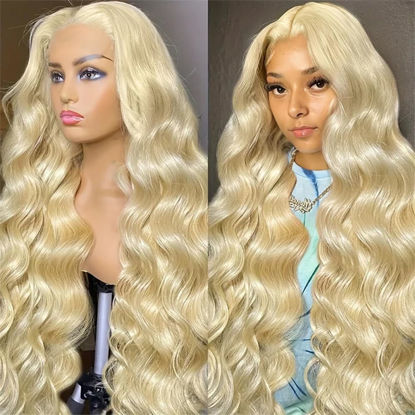 Picture of 220% Density 13x6 613 Blonde Lace Front Wig Human Hair Body Wave Blonde Lace Front Wigs Human Hair HD Lace Frontal Wigs Human Hair Pre Plucked with Baby Hair Glueless Wigs For Women 26 Inch