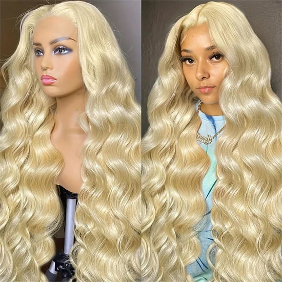 Picture of 220% Density 13x6 613 Blonde Lace Front Wig Human Hair Body Wave Blonde Lace Front Wigs Human Hair HD Lace Frontal Wigs Human Hair Pre Plucked with Baby Hair Glueless Wigs For Women 26 Inch