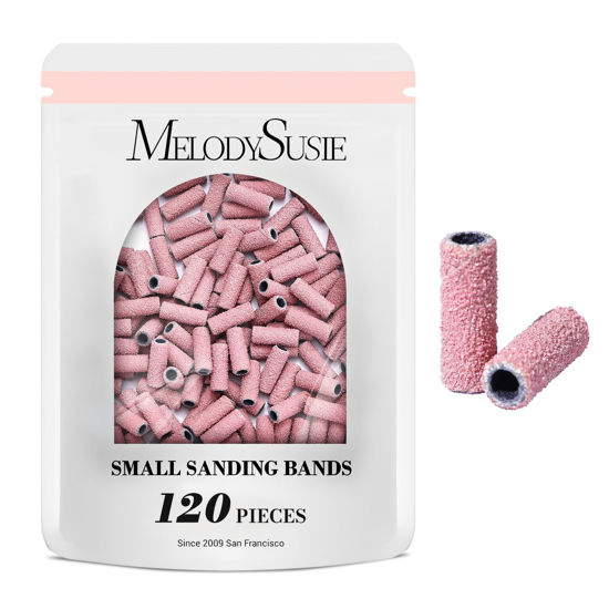 Picture of MelodySusie 120 Pcs Nail Drill Bits Small Sanding Bands for 3.1mm Mandrel Bit, 80 Coarse Grit Nail File for Acrylic Nails Gel Manicures and Pedicure, Pink (Only Sanding Bands)