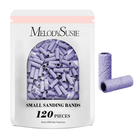 Picture of MelodySusie 120 Pcs Nail Drill Bits Small Sanding Bands for 3.1mm Mandrel Bit, 180 Fine Grit Nail File for Acrylic Nails Gel Manicures and Pedicure, Purple (Only Sanding Bands)