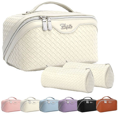 Picture of Travel Makeup Bags Cosmetic Organizer Bag: Large Capacity Make up Bag Set of 3 - Vegan Leather Toiletry Bag for Women - Portable Makeup Organizer with Compartments & Handle & Divider (2 Beige)