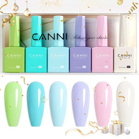 Picture of CANNI 6Pcs 9ml Hema-Free Gel Nail Polish Set- Green Blue Purple Pink Off-white Colors Gel Polish Kit, Soak Off LED Nail Gel Manicure Kit DIY at Home Salon Gifts for Women Girls