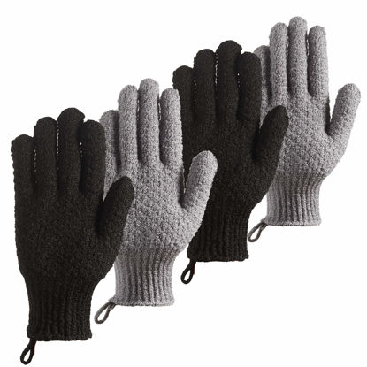 Picture of CLEEDY Bath Exfoliating Gloves Scrub - 4 Pcs Lengthened and Large Exfoliating Scrubbing Gloves for Shower, Spa, Massage - Scrub Exfoliating Mitts for Body, Face, Hand and Foot (Black and Gray)
