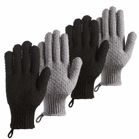 Picture of CLEEDY Bath Exfoliating Gloves Scrub - 4 Pcs Lengthened and Large Exfoliating Scrubbing Gloves for Shower, Spa, Massage - Scrub Exfoliating Mitts for Body, Face, Hand and Foot (Black and Gray)