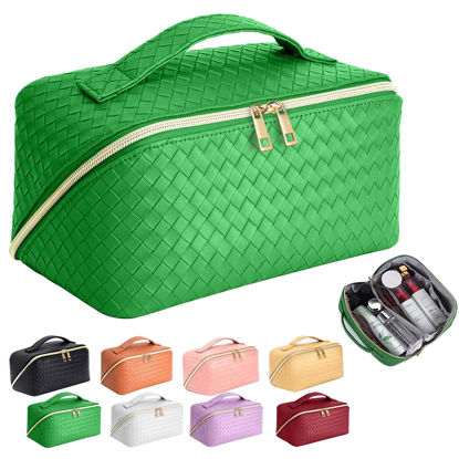 Picture of ZAUKNYA Makeup Bag - Large Capacity Travel Cosmetic Bag, Portable Leather Waterproof Women Travel Makeup Bag Organizer, with Handle and Divider Flat Lay Checkered Cosmetic Bags (Green)