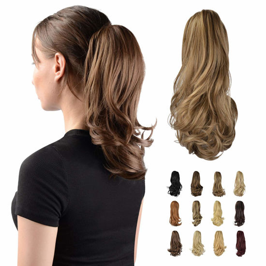 Picture of SOFEIYAN 13" Ponytail Extension Long Curly Ponytail Clip in Claw Hair Extension Natural Looking Synthetic Hairpiece for Women, Brown & Blonde