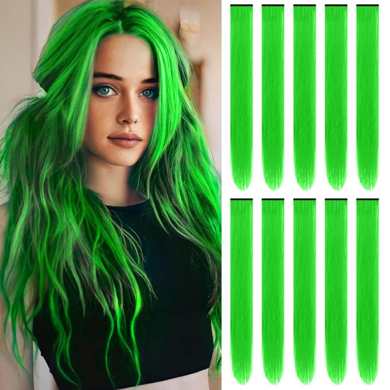 Picture of TOFAFA 22 inch Colored Hair Extensions Straight Hairpiece, Multi-colors Fashion Party Highlights Clip in Synthetic Hair Extensions for Women Kids Girls Christmas Party Cosplay Gift(10 PCS Green)