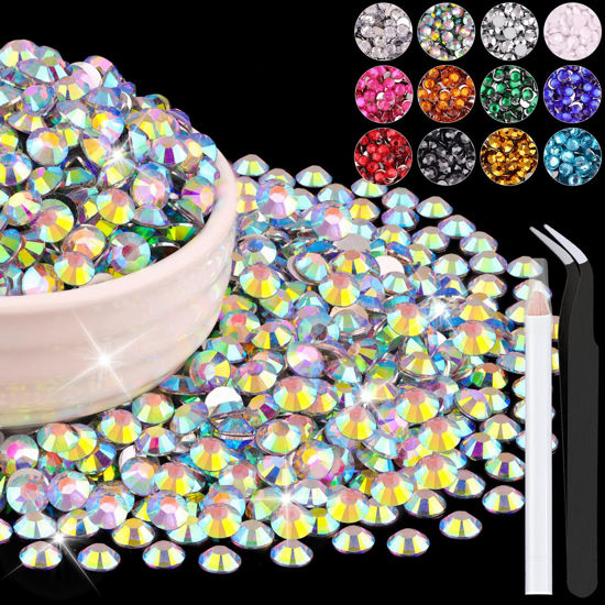 Picture of 1500PCS 6mm Resin Rhinestones Bulk for Crafting (AB), Flatback Bedazzling Crystals for Crafts DIY Nail Decoration, Gems Charms for Tumbler Shoes Clothing Fabric with Pickup Pen and Tweezers