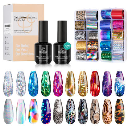 Picture of Beetles Nail Foil Art Kit, 20 Pcs Nail Foils Transfer with 30ml Nail Foil Glue Gel for Nails - Metal Holographic Leopard Stickers Gels Nail Polish Set LED Lamp Required Soak Off Manicure Nails Art DIY