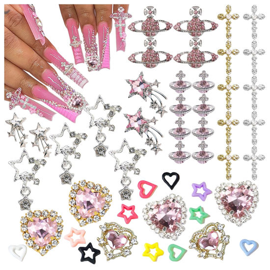 Picture of BBATT-HAPPY 136PCS Nail Charms Planet Star Heart Cross for Acrylic Nails,Gold Sliver Alloy Nail Art Decoration, Nail Stones Nail Jewels Accessories for Nail Art Supplies Manicure Craft DIY