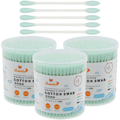 Picture of HOMEFOX Green Cotton Swabs Precision Pointed - 600 Count Pointy Organic Cotton Buds Double Side Tightly Wrapped Cotton Tips Paper Stick Soft Gentle Lint-Free Cruelty-Free, Pointy & Round (Green)