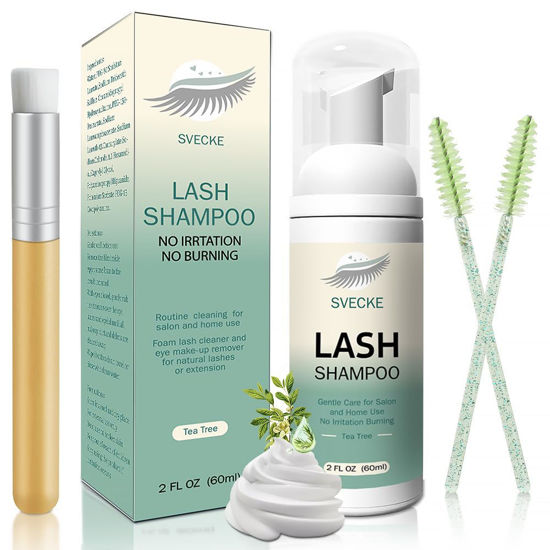Picture of SVECKE Lash Shampoo Kit for Eyelash Extension, Eyelash Shampoo 2 fl.oz / 60ml, Eyelash Extension Cleanser, Lash Eyelid Foam Cleaning Kit for Salon Use and Home Use (Tea Tree)