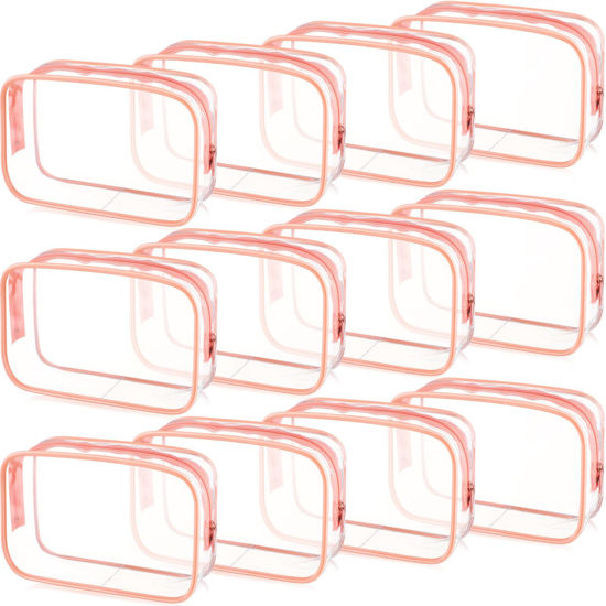 Picture of Weewooday 12 Pieces Clear Cosmetics Bag PVC Zippered Clear Toiletry Carry Pouch Cosmetic Makeup Bag Waterproof Makeup Bag Vinyl Plastic Organizer Case for Vacation Bathroom(Large,Pink)