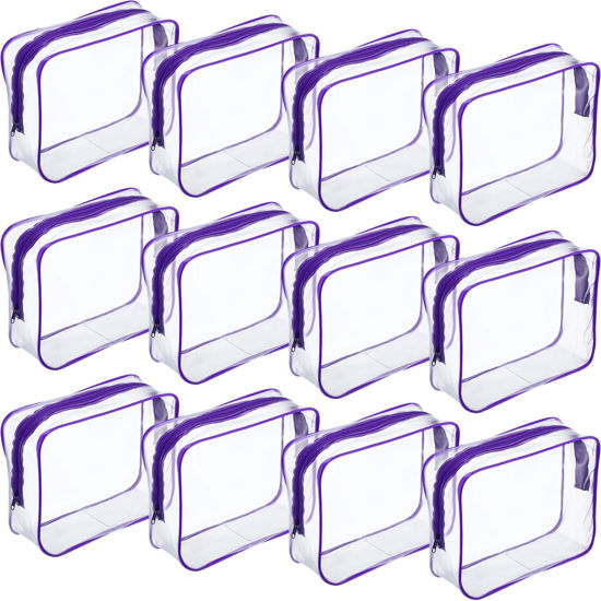 Picture of Weewooday 12 Pieces Clear Cosmetics Bag PVC Zippered Clear Toiletry Carry Pouch Cosmetic Makeup Bag Waterproof Makeup Bag Vinyl Plastic Organizer Case for Vacation Bathroom(Large,Purple)