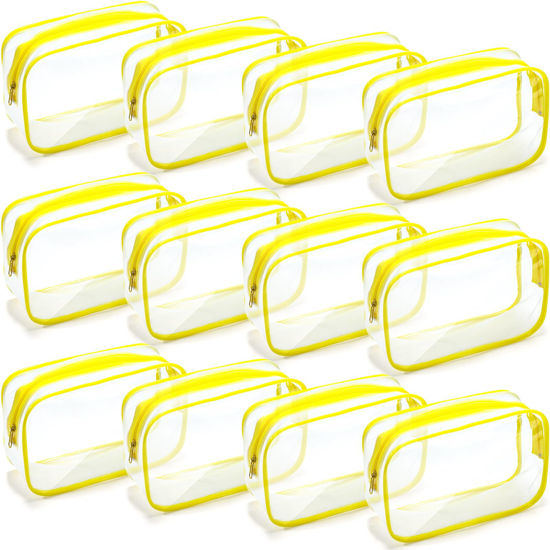 Picture of Weewooday 12 Pieces Clear Cosmetics Bag PVC Zippered Clear Toiletry Carry Pouch Cosmetic Makeup Bag Waterproof Makeup Bag Vinyl Plastic Organizer Case for Vacation Bathroom(Medium,Yellow)