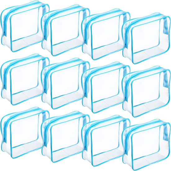Picture of Weewooday 12 Pieces Clear Cosmetics Bag PVC Zippered Clear Toiletry Carry Pouch Cosmetic Makeup Bag Waterproof Makeup Bag Vinyl Plastic Organizer Case for Vacation Bathroom(Large,Blue)