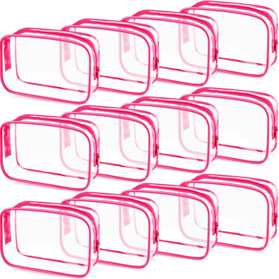 Picture of Weewooday 12 Pieces Clear Cosmetics Bag PVC Zippered Clear Toiletry Carry Pouch Cosmetic Makeup Bag Waterproof Makeup Bag Vinyl Plastic Organizer Case for Vacation Bathroom(Small,Rose Red)