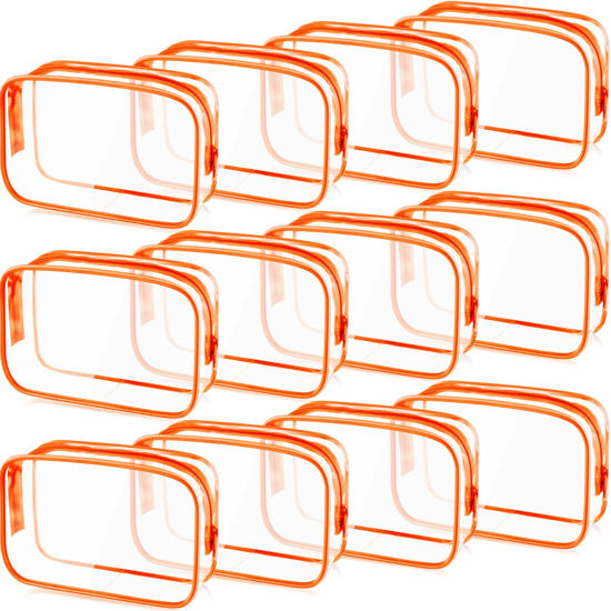 Picture of Weewooday 12 Pieces Clear Cosmetics Bag PVC Zippered Clear Toiletry Carry Pouch Cosmetic Makeup Bag Waterproof Makeup Bag Vinyl Plastic Organizer Case for Vacation Bathroom(Large,Orange)