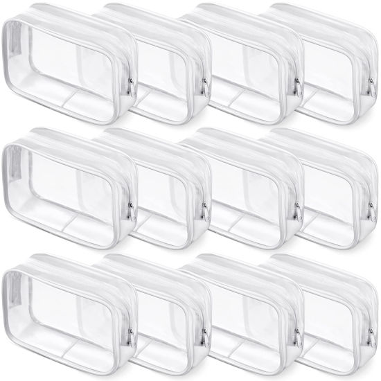 Picture of Weewooday 12 Pieces Clear Cosmetics Bag PVC Zippered Clear Toiletry Carry Pouch Cosmetic Makeup Bag Waterproof Makeup Bag Vinyl Plastic Organizer Case for Vacation Bathroom(Small,White)