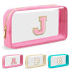 Picture of Personalized Initial Letter Clear Makeup Bag,Preppy Small Nylon&PVC Cosmetic Zipper Bag with Chenille Letter,Portable Beach Travel Skincare Toiletry Bag,Trendy Monogram Gift for Teen Girls Women,J