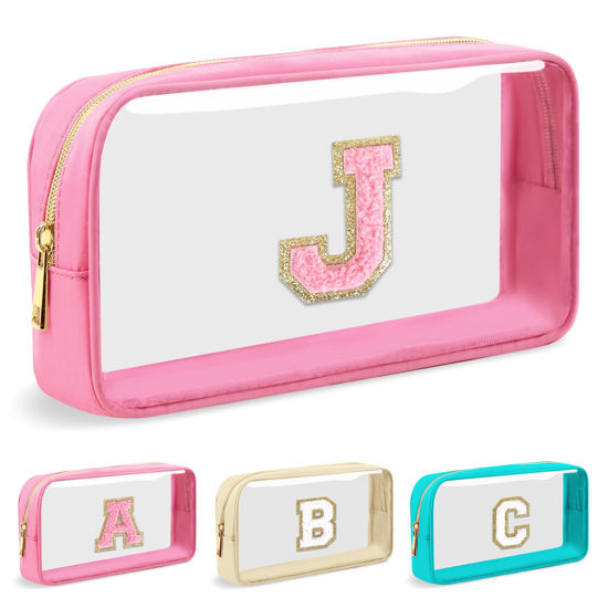 Picture of Personalized Initial Letter Clear Makeup Bag,Preppy Small Nylon&PVC Cosmetic Zipper Bag with Chenille Letter,Portable Beach Travel Skincare Toiletry Bag,Trendy Monogram Gift for Teen Girls Women,J