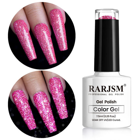 Picture of RARJSM Reflective Glitter Gel Nail Polish Sparkling Diamond Neon Pink Gel Polish Holographic Iridescent Shimmer LED UV Soak Off Sparkle Hot Pink Gel Polish Nail Art Manicure Salon DIY at Home