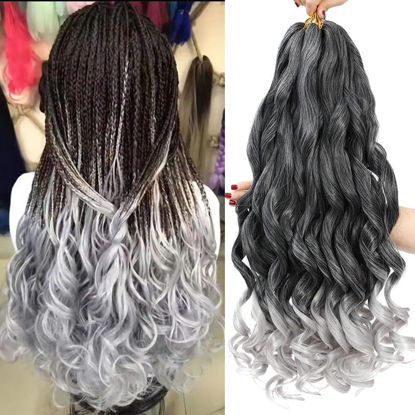 Picture of French Curly Braiding Hair 18 Inch 8 Packs - Pre Stretched Bouncy Braiding Hair- Loose Wavy Braiding Hair Synthetic Hair Extensions For Black Women (18 inch 8 packs 1B/Grey)