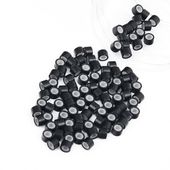 Picture of Vlasy 100Pcs 4mm Silicone Lined Micro Ring Beads for Hair Extensions 5Colors Apply (100Pcs Black)