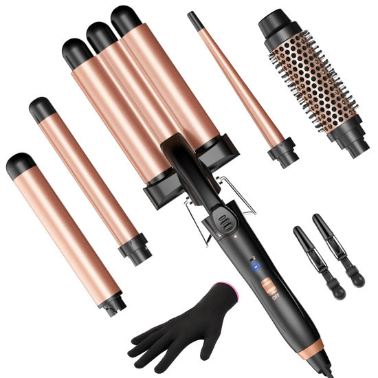 Picture of 5 in 1 Curling Iron Curling Wand, Curling Iron Set with A Thermal Brush, A 3-Barrel Hair Crimper Iron, 3 Ceramic Curling Irons (0.35 "-1.25"), 2 Temps 30S Fast Heat Hair Curler Waver with Glove & Clip