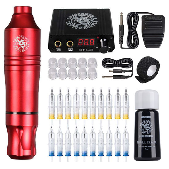 Picture of Dragonhawk Pro Complete Tattoo Pen Kit - Lightweight Tattoo Pen Machine 20Pcs Cartridges Needles Power Supplies for Tattoo Beginners 1013-7-2