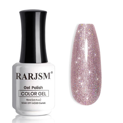 Picture of RARJSM Glitter Gel Polish Metallic Rose Pink Shiny Diamond Sparkly Holographic Iridescent Chunky Purple Pink Pigments Nail Gel Polish Soak off Led UV Curing Required for Nail Art Salon Manicure