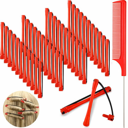 Picture of 48 Pieces Hair Perm Rods Short Cold Wave Rods Plastic Perming Rods Hair Curling Rollers Curlers with Steel Pintail Comb Rat Tail Comb for Hairdressing Styling Supplies (0.2 Inch, Red)