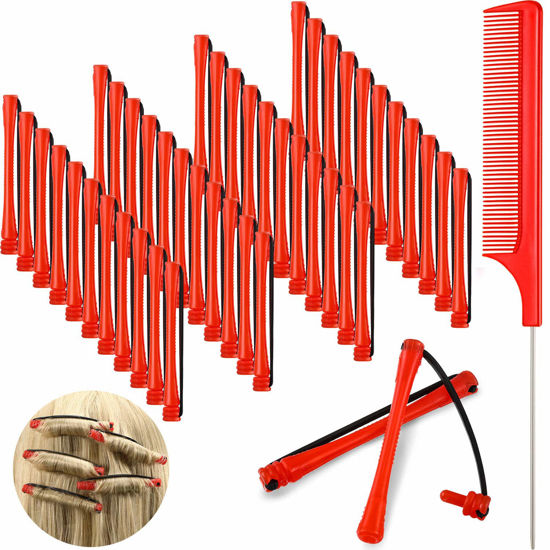 Picture of 48 Pieces Hair Perm Rods Short Cold Wave Rods Plastic Perming Rods Hair Curling Rollers Curlers with Steel Pintail Comb Rat Tail Comb for Hairdressing Styling Supplies (0.2 Inch, Red)