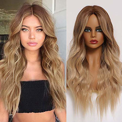 Picture of Esmee 26 Inches Long Ombre Brown Golden Blonde Hair Wig Middle Part Body Wave Cosplay Synthetic Wigs for Black Women Heat Resistant