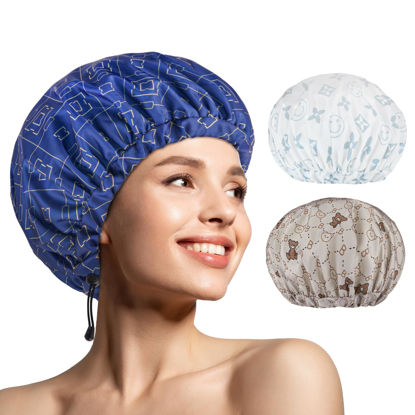 Picture of 3 PCS Shower Caps for Women, Upgrade Comfortable & Extra Large & Double Layers Waterproof Bath Cap, Oversized Designed Adjustable Hem Hair Cap for All Hair Lengths/Style