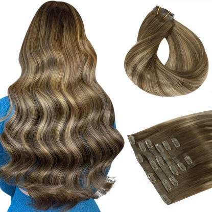 Picture of HOTBANANA Seamless Clip in Hair Extensions 18 inch 130g 7pcs Chocolate Brown with Honey Blonde Clip in Remy Human Hair Extensions Straight Hair Invisible PU Skin Weft