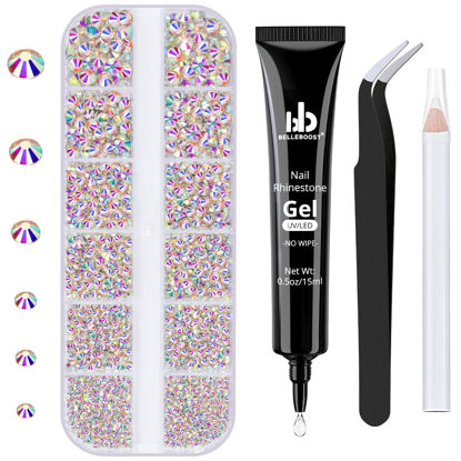 Picture of BELLEBOOST Nail Art Rhinestone Glue Gel&1 Box Flatback Gems Kit, 1 Tube of 15ml Rhinestone Gel Glue(UV/LED Needed)+Crystal AB Gems with Pickup Tools
