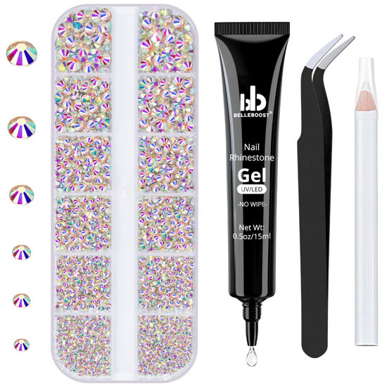 Picture of BELLEBOOST Nail Art Rhinestone Glue Gel&1 Box Flatback Gems Kit, 1 Tube of 15ml Rhinestone Gel Glue(UV/LED Needed)+Crystal AB Gems with Pickup Tools