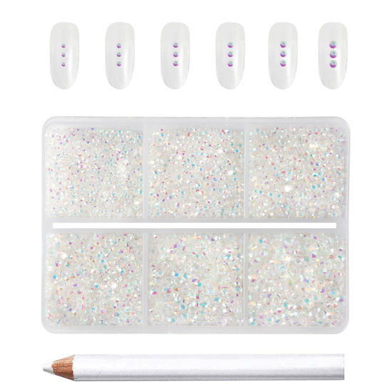 Picture of Beadsland 7200pcs Flatback Rhinestones,Transparent Rhinestones Nail Gems Round Crystal Rhinestones for Crafts,Mixed 6 Sizes with Wax Pencil Kit, SS3-SS10,Transparent AB