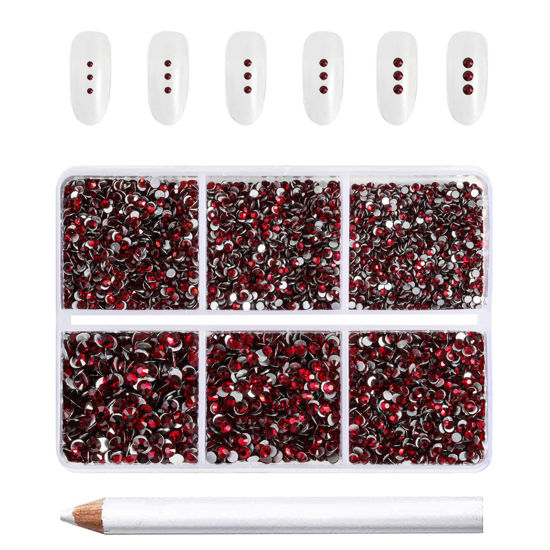 Picture of Beadsland 7200pcs Flatback Rhinestones,Dark Red Rhinestones Nail Gems Round Crystal Rhinestones for Crafts,Mixed 6 Sizes with Wax Pencil Kit, SS3-SS10,Dark Siam