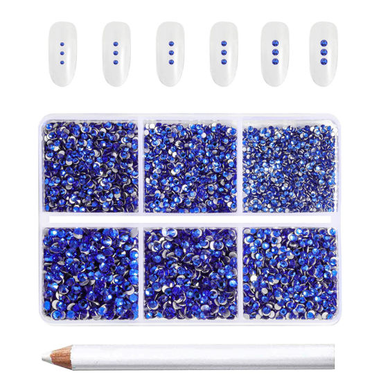 Picture of Beadsland 7200pcs Flatback Rhinestones,Royal Blue Rhinestones Nail Gems Round Crystal Rhinestones for Crafts,Mixed 6 Sizes with Wax Pencil Kit, SS3-SS10,Sapphire