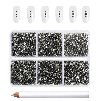 Picture of Beadsland 7200pcs Flatback Rhinestones,Gray Rhinestones Nail Gems Round Crystal Rhinestones for Crafts,Mixed 6 Sizes with Wax Pencil Kit, SS3-SS10,Black Diamond