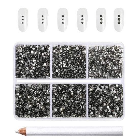 Picture of Beadsland 7200pcs Flatback Rhinestones,Gray Rhinestones Nail Gems Round Crystal Rhinestones for Crafts,Mixed 6 Sizes with Wax Pencil Kit, SS3-SS10,Black Diamond